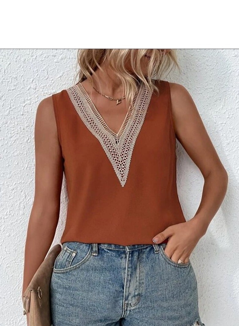 Shougu New Sleeveless V-neck Patchwork Minimalist Shirt For Women - Image 1