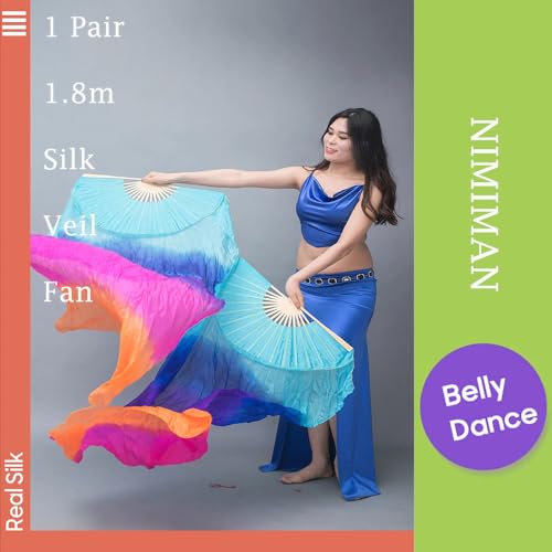 Nimiman womens 1 Pair(Left+Right) Silk Belly Dance Fan Veil 1.8m Classical Colors((Dark) Blue+Purple+Rose+Orange) - Image 5