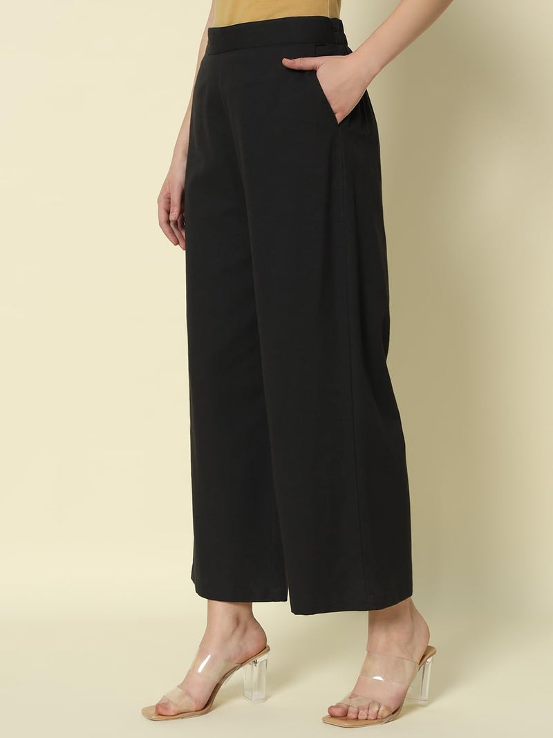 FIORRA Women's Black Cotton Solid Palazzo BTM003 - Image 4