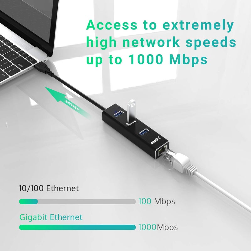 atolla USB to Ethernet Adapter, atolla 3 Ports USB 3.0 Hub with 10/100/1000 Mbps LAN RJ45 Gigabit Network Adapter, Supports Windows 10/8/7, Mac OS, Linux - Image 2