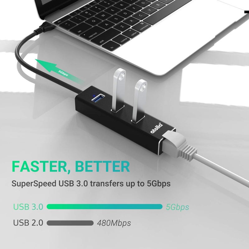 atolla USB to Ethernet Adapter, atolla 3 Ports USB 3.0 Hub with 10/100/1000 Mbps LAN RJ45 Gigabit Network Adapter, Supports Windows 10/8/7, Mac OS, Linux - Image 3