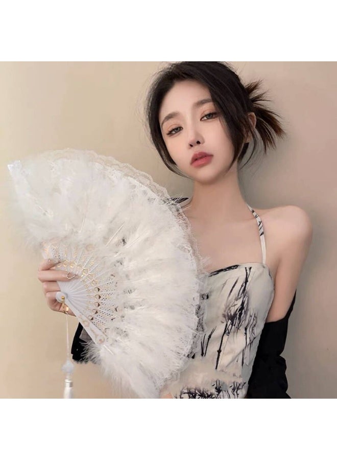 2 Pcs Folding Hand Fan Feather Hand Fan for Women Costume Party Dancing Photoshoot Wedding Decor - Image 3