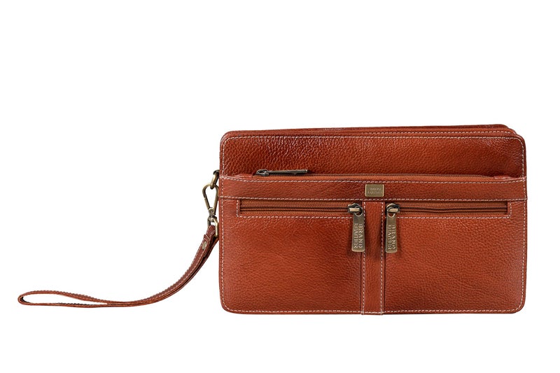 BRAND LEATHER Solid 9 Cms Cosmetic Pouch (M_BL1176_TAN) - Image 1