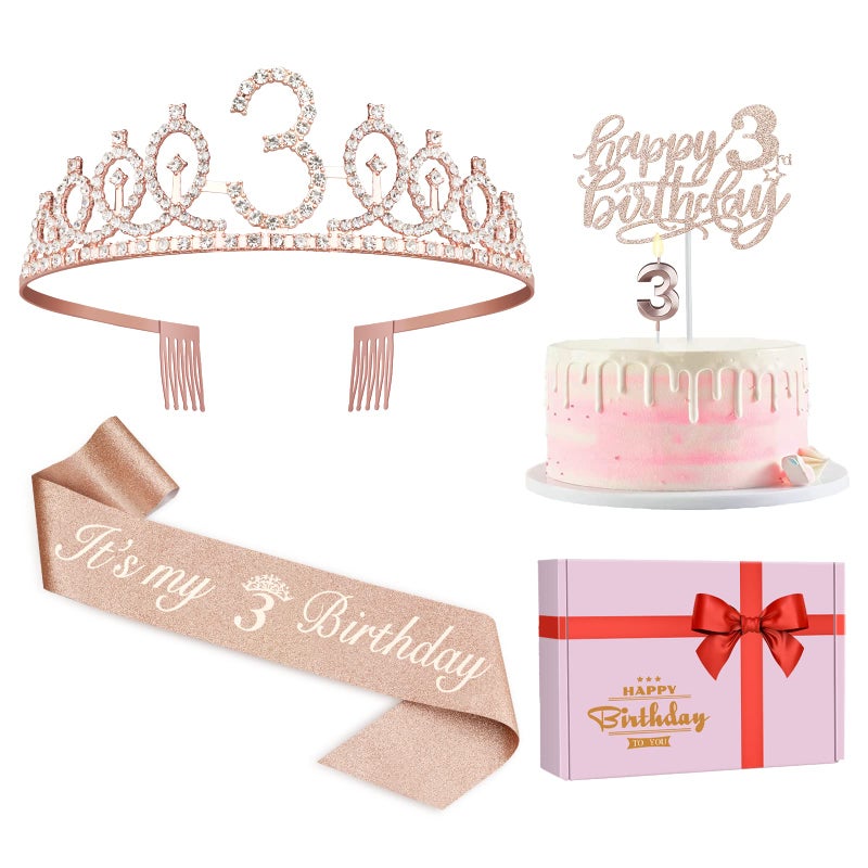 3rd Birthday Decorations for Girls Including Sash CrownTiara Candles Cake Toppers 3rd Birthday Gifts for Girls