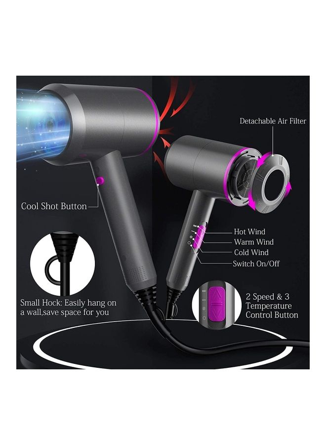Multi-Functional Professional Styling Fast Hair Dryer Ionic Tool With 2 Speed 3 Heat Setting, Cold Shot on With 1 Diffuser And 2 Concentrator Grey 30 x 24 x 9cm - Image 2