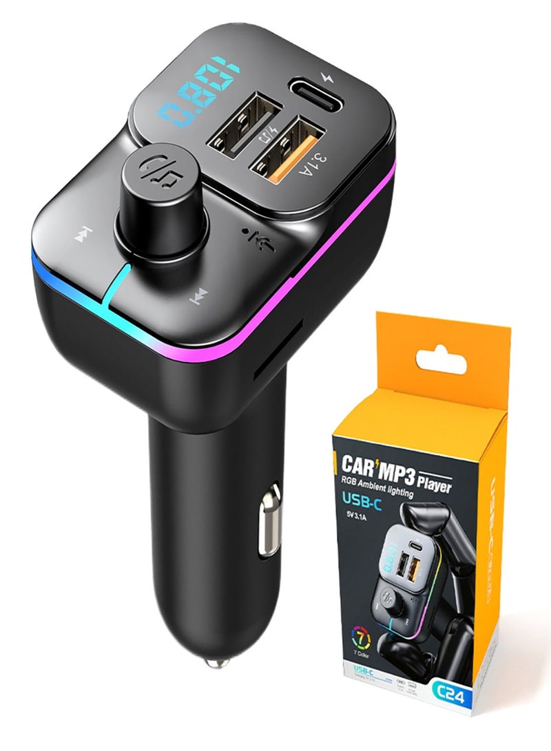 Bluetooth 5.0 FM Transmitter for Car, Bluetooth Car Adapter with Type-C PD(30W) Car Charger and QC3.0 USB Port, Wireless FM Radio Transmitter, Support MP3 Player, Handsfree Calling, LED Backlit,U Disk  - Image 1