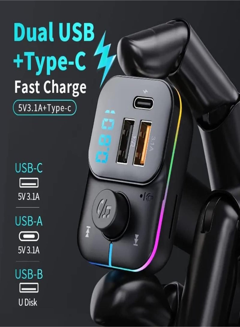 Bluetooth 5.0 FM Transmitter for Car, Bluetooth Car Adapter with Type-C PD(30W) Car Charger and QC3.0 USB Port, Wireless FM Radio Transmitter, Support MP3 Player, Handsfree Calling, LED Backlit,U Disk  - Image 2