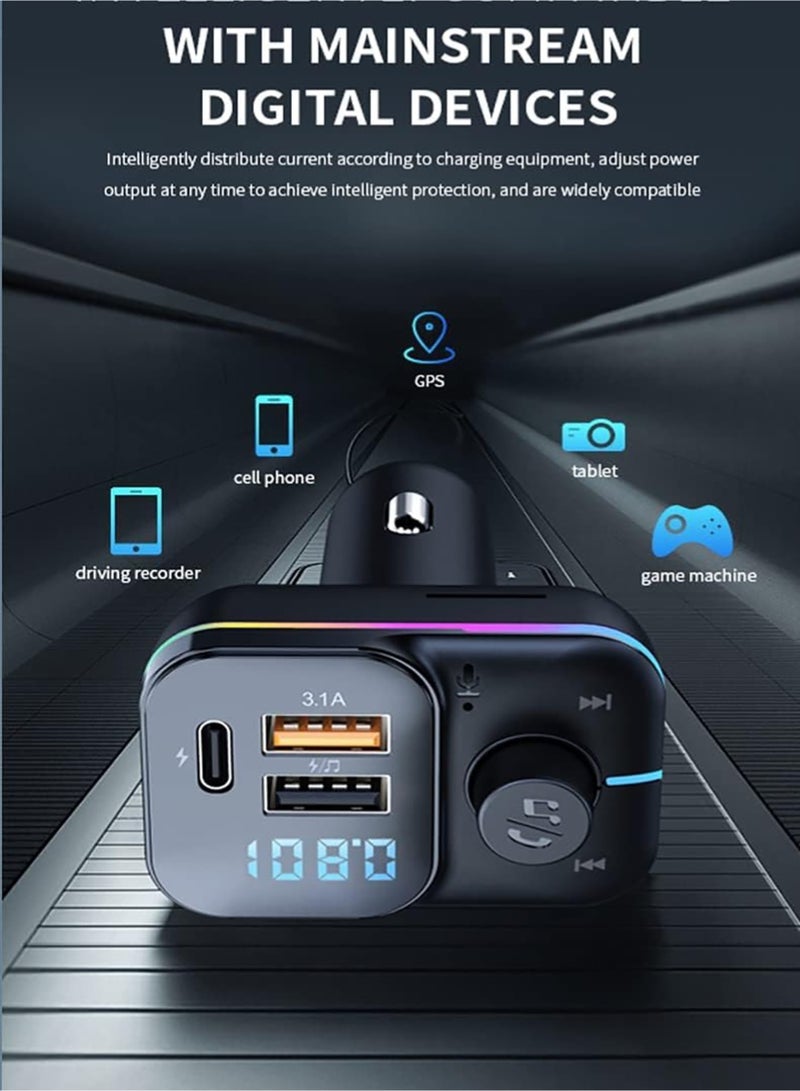 Bluetooth 5.0 FM Transmitter for Car, Bluetooth Car Adapter with Type-C PD(30W) Car Charger and QC3.0 USB Port, Wireless FM Radio Transmitter, Support MP3 Player, Handsfree Calling, LED Backlit,U Disk  - Image 3