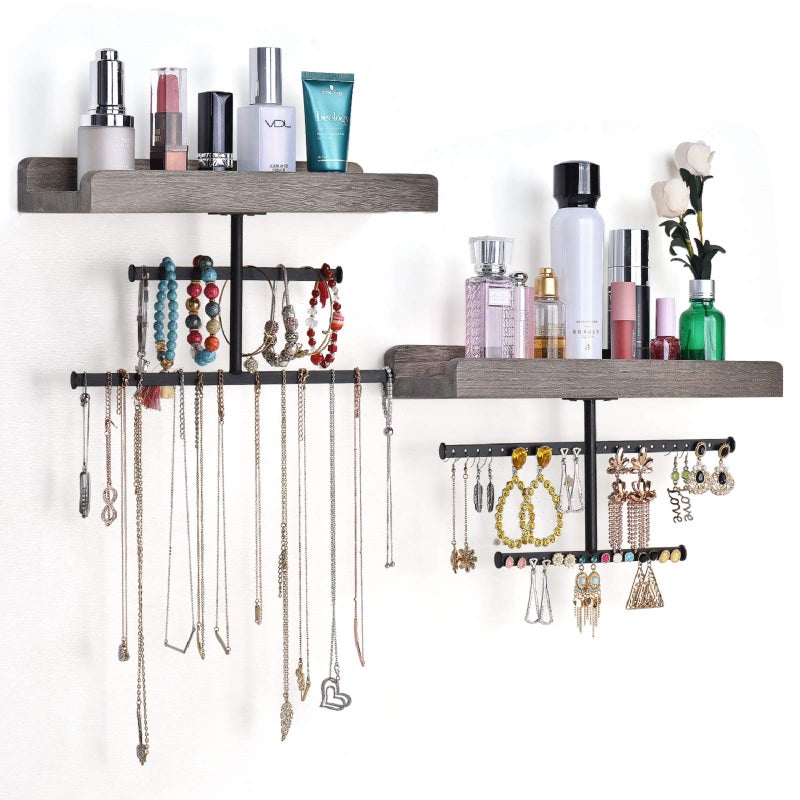 Keebofly Hanging Wall Mounted Jewelry Organizer with Rustic Wood Jewelry Holder Display for Necklaces Bracelet Earrings Ring Set of 2 Weathered GreyPatented