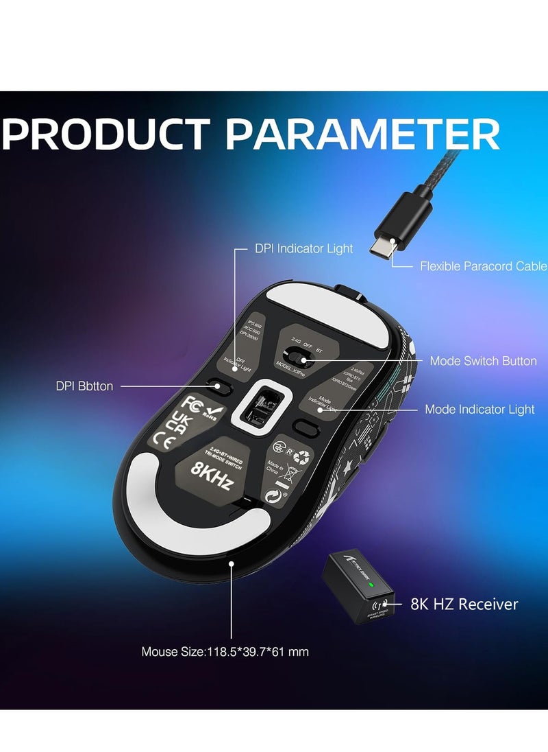 Attack Shark - X3PRO 4K/8K Lightweight Wireless Gaming Mouse with Tri-Mode(Wired/2.4GHz/BT),PAW3395 Optical Sensor,26K DPI,Kailh GM8.0 Switch,Long Battery,7 Buttons for PC/Laptop/Win/Mac(Black) - Image 1