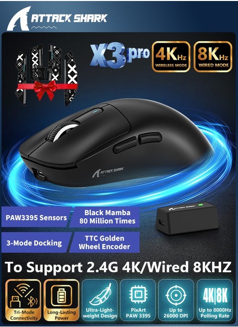 X3PRO 4K/8K Lightweight Wireless Gaming Mouse with Tri-Mode(Wired/2.4GHz/BT),PAW3395 Optical Sensor,26K DPI,Kailh GM8.0 Switch,Long Battery,7 Buttons for PC/Laptop/Win/Mac(Black)