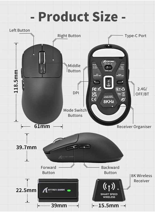 X3PRO 4K/8K Lightweight Wireless Gaming Mouse with Tri-Mode(Wired/2.4GHz/BT),PAW3395 Optical Sensor,26K DPI,Kailh GM8.0 Switch,Long Battery,7 Buttons for PC/Laptop/Win/Mac(Black)