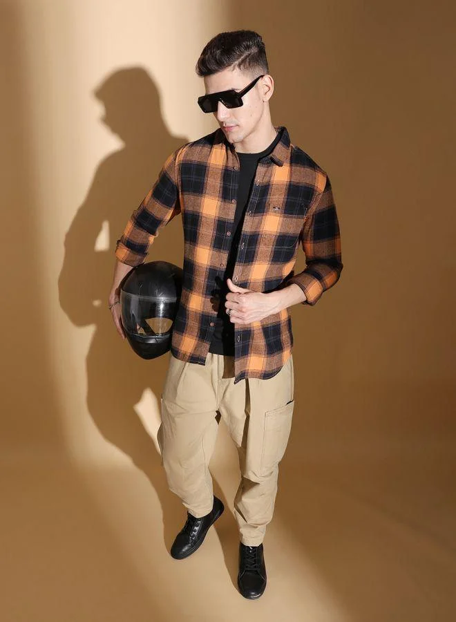 The Indian Garage Co Men Slim Fit Checkered Full Sleeves Cutaway Collar Casual Shirt