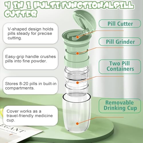 CoolShef 4-in-1 Pill Crusher and Cutter with Dispenser, Stainless Steel Blade for Small or Large Pills, Crushes Pills, Vitamins, Tablets Crusher to Powder, Medicine Crusher for Easy Consumption, Removable Drinking Cup (Green) - Image 4