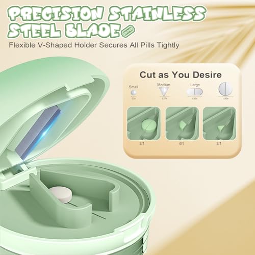 CoolShef 4-in-1 Pill Crusher and Cutter with Dispenser, Stainless Steel Blade for Small or Large Pills, Crushes Pills, Vitamins, Tablets Crusher to Powder, Medicine Crusher for Easy Consumption, Removable Drinking Cup (Green) - Image 3