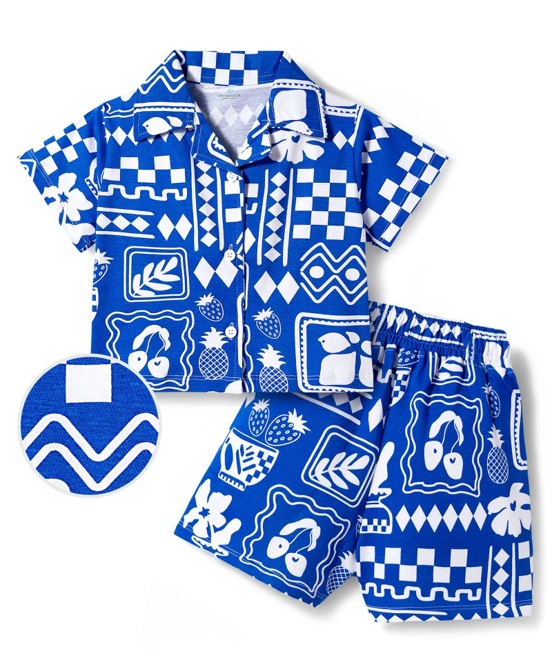 Ollington St. Ollington St. Cotton Printed Half Sleeves Shirt Top & Shorts Co-ord Set - Blue