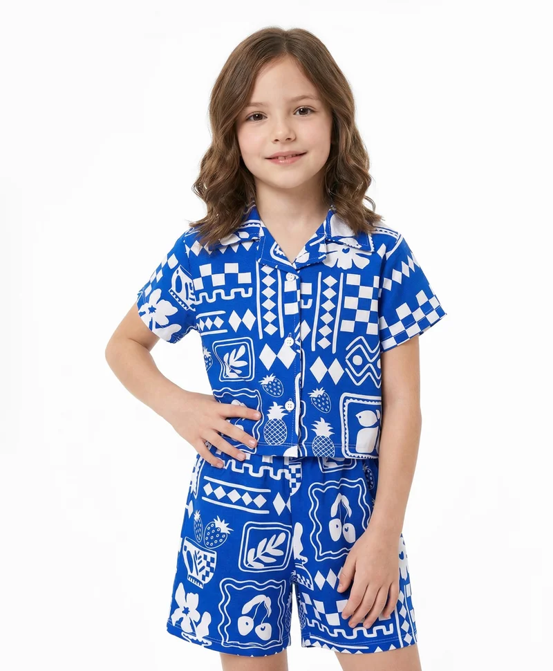 Ollington St. Ollington St. Cotton Printed Half Sleeves Shirt Top & Shorts Co-ord Set - Blue