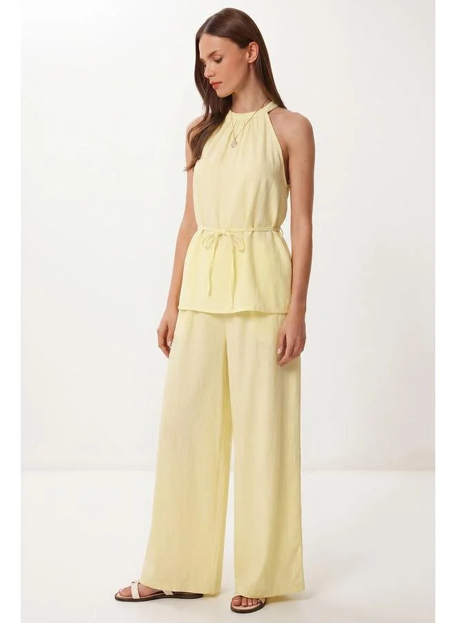 Lovely Istanbul Tie-Detail Blouse and Pants Linen Set LBY0052 LIGHT YELLOW.