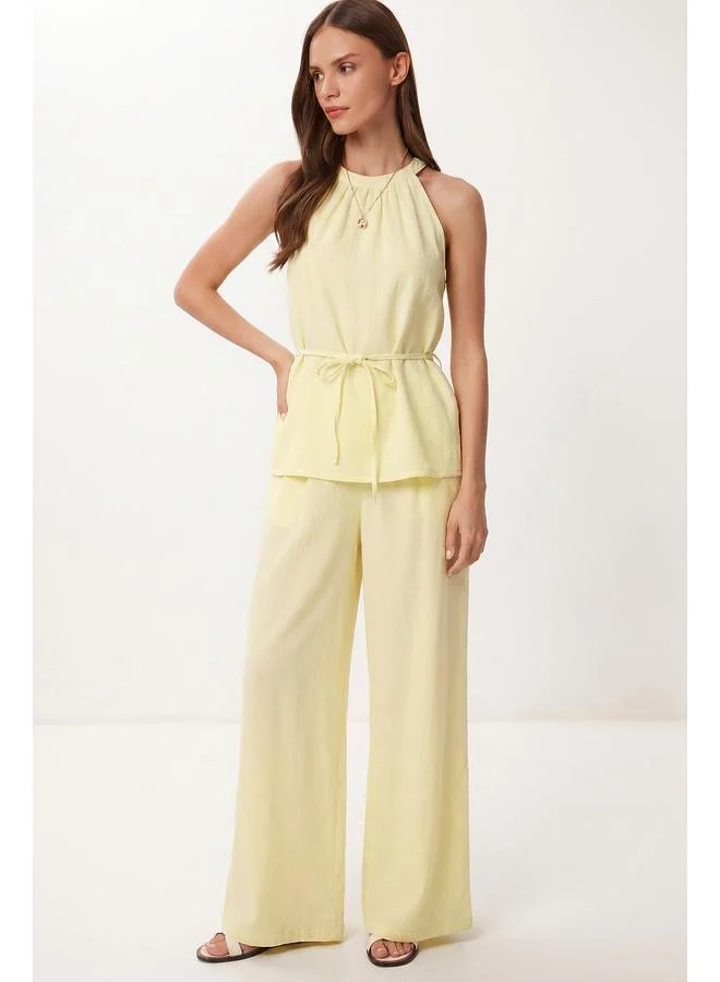 Lovely Istanbul Tie-Detail Blouse and Pants Linen Set LBY0052 LIGHT YELLOW.