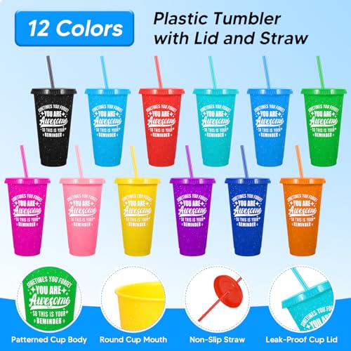 LEIFEOSH 24 Pack Plastic Tumblers with Lids and Straws Sometime You Forget You Are Awesome Gifts Reusable Cups with Lids Colorful Cups for Party Iced Coffee Cup Bulk Tumbler 24 oz Solid Colors Printed - Image 3