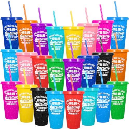 LEIFEOSH 24 Pack Plastic Tumblers with Lids and Straws Sometime You Forget You Are Awesome Gifts Reusable Cups with Lids Colorful Cups for Party Iced Coffee Cup Bulk Tumbler 24 oz Solid Colors Printed - Image 1