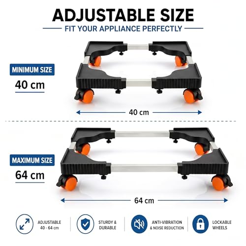 Yemark Adjustable Washing Machine Stand (40–64 cm) with Lockable Wheels | Heavy Duty Anti-Vibration Fridge Stand Trolley | Movable Base for Refrigerator, Dishwasher & Cooler - Image 4