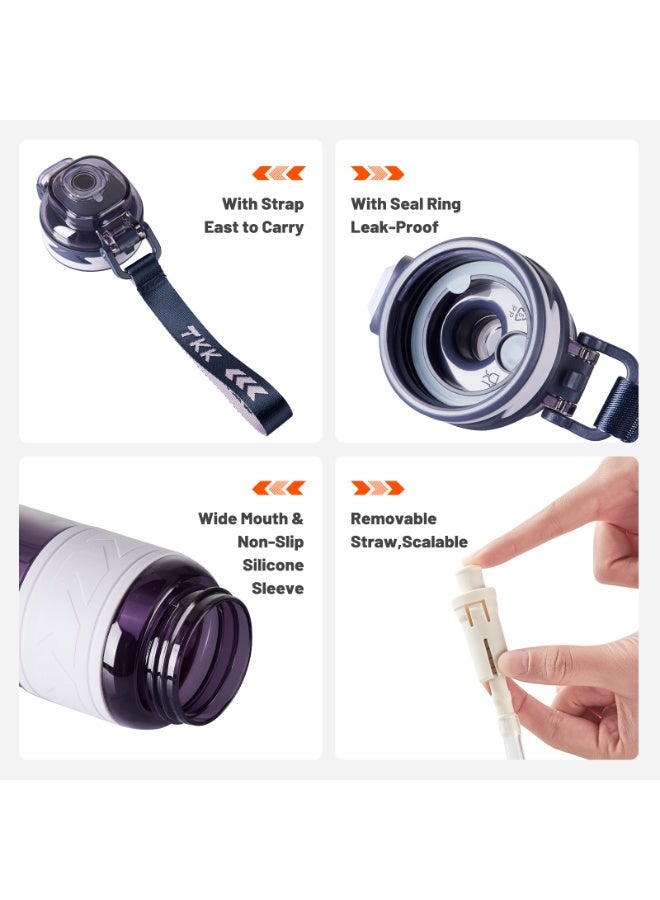 TKK 1000ml Tritan Plastic Water Bottle with Straw and BPA Free with Rope Easy to Carry | Purple - Image 3