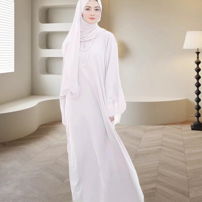 Elegant Turkish Style Two-Piece Dress and Headscarf Set with Lace