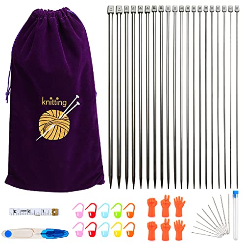 KOKNIT 11 Pairs Knitting Needle Set, 10'' Length Stainless Steel Single Pointed Sweater Staight Needle Kit in Different Sizes, Great for Weaving or Knitting - Image 1