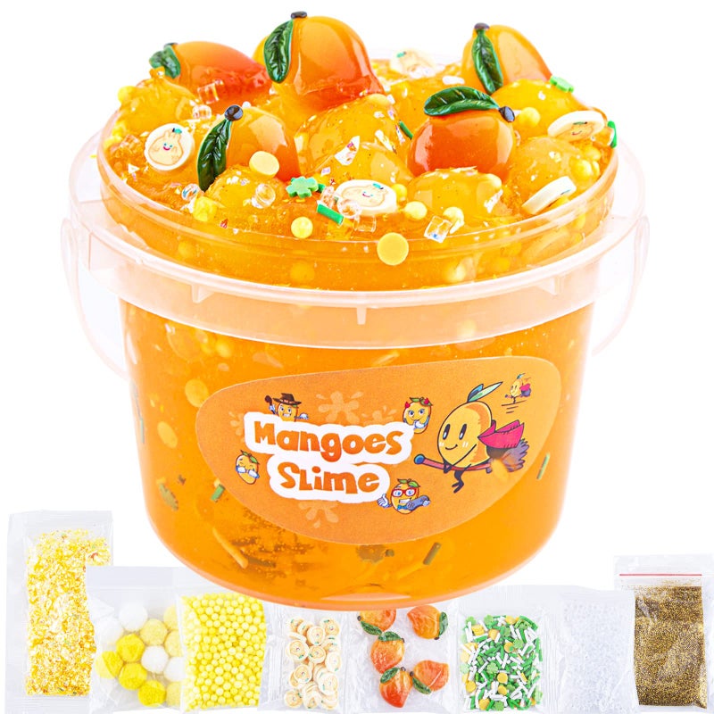 LAWOHO Clear Slime Orange Mango Clear Jelly Cube Glimmer Crunchy Slime Kit with 8 Addins Idea Stress Relief Toy Kids Party Favor Birthday Christmas New Year Easter Gifts for Girls Boys Age 6 7 8 9 10 - Image 3