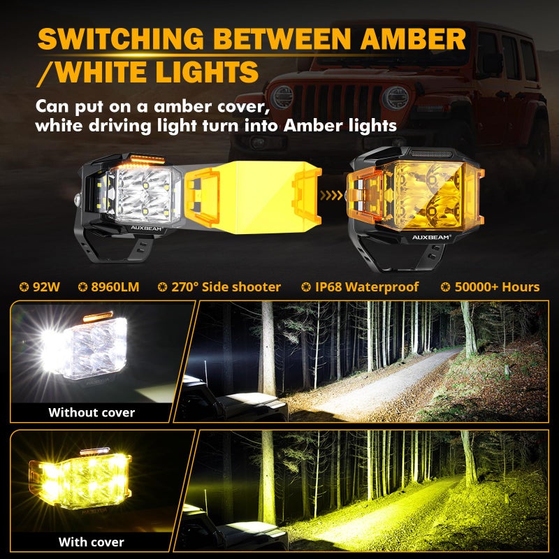 Auxbeam 4" 92W Cube LED Pod with Amber DRL, V-MAX Series Offroad Pod Lights with Side Shooter & Amber Covers, Offroad LED Cube Offroad Square Light 270Â°Combo Beam Auxiliary Light for Truck Jeep ATV - Image 5