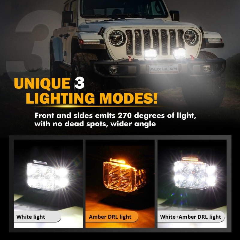 Auxbeam 4" 92W Cube LED Pod with Amber DRL, V-MAX Series Offroad Pod Lights with Side Shooter & Amber Covers, Offroad LED Cube Offroad Square Light 270Â°Combo Beam Auxiliary Light for Truck Jeep ATV - Image 4