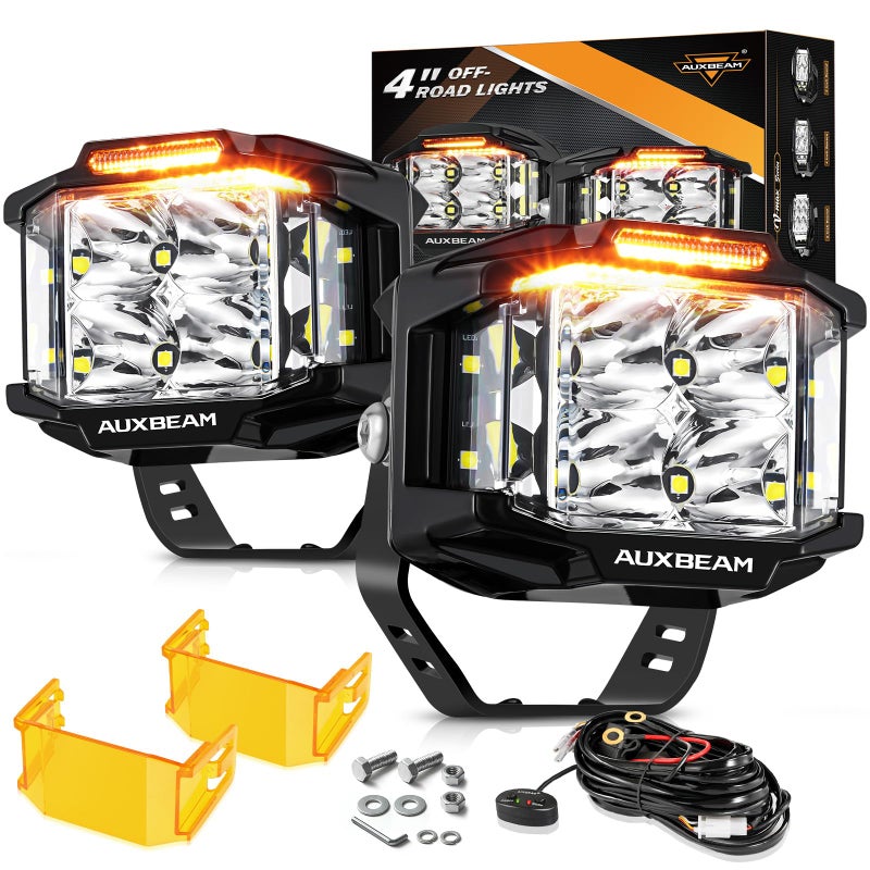 Auxbeam 4" 92W Cube LED Pod with Amber DRL, V-MAX Series Offroad Pod Lights with Side Shooter & Amber Covers, Offroad LED Cube Offroad Square Light 270Â°Combo Beam Auxiliary Light for Truck Jeep ATV - Image 1