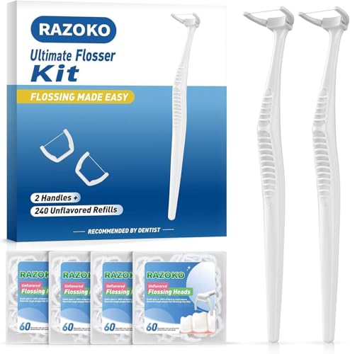 RAZOKO Dental Flosser Kit Extra Strong ShredResistant Floss for Hard to Reach Areas PTFE PFAS Free 2 Handles 240 Refill Heads