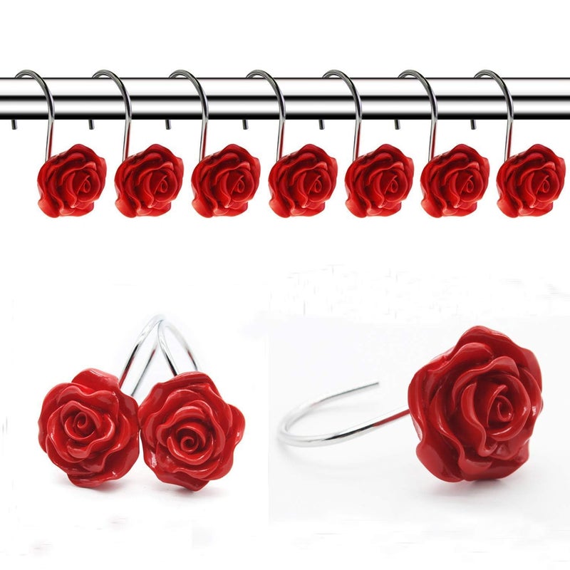 FINROS 12 PCS Home Fashion Decorative Anti Rust Shower Curtain Hooks Rose Design Shower Curtain Rings Hooks (RED) - Image 1