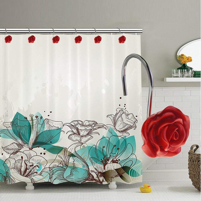 FINROS 12 PCS Home Fashion Decorative Anti Rust Shower Curtain Hooks Rose Design Shower Curtain Rings Hooks (RED) - Image 2
