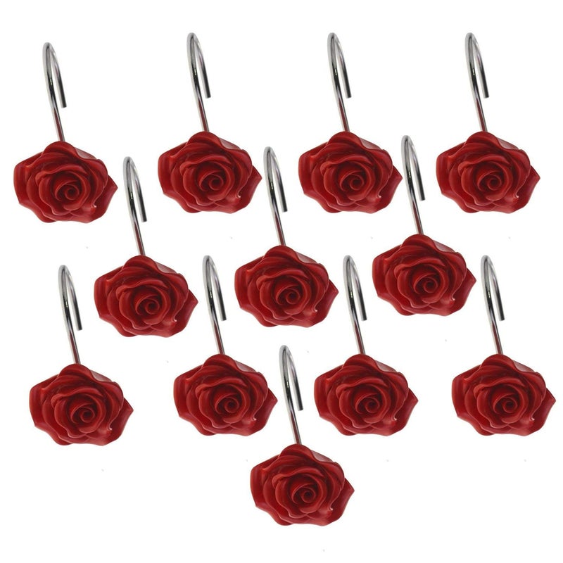 FINROS 12 PCS Home Fashion Decorative Anti Rust Shower Curtain Hooks Rose Design Shower Curtain Rings Hooks (RED) - Image 3