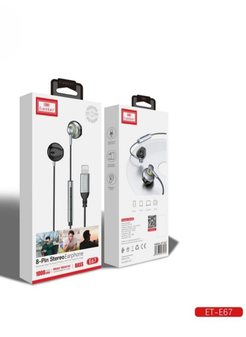 Generic - NEW ET-E67 Lightning Metal Wired Stereo Earphone - High-Quality Sound u0026 Sleek Gray Design - Image 1
