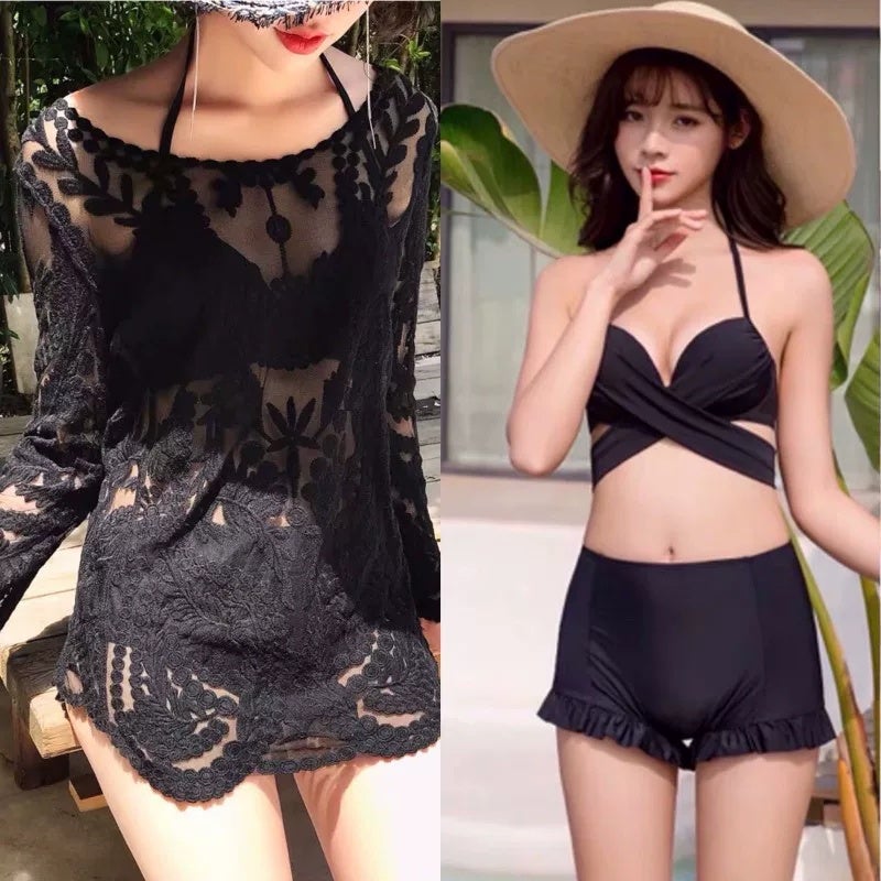 Three-piece bikini beach hot spring vacation slimming gathering split swimsuit women's new style can go into the water with a shirt - Image 5