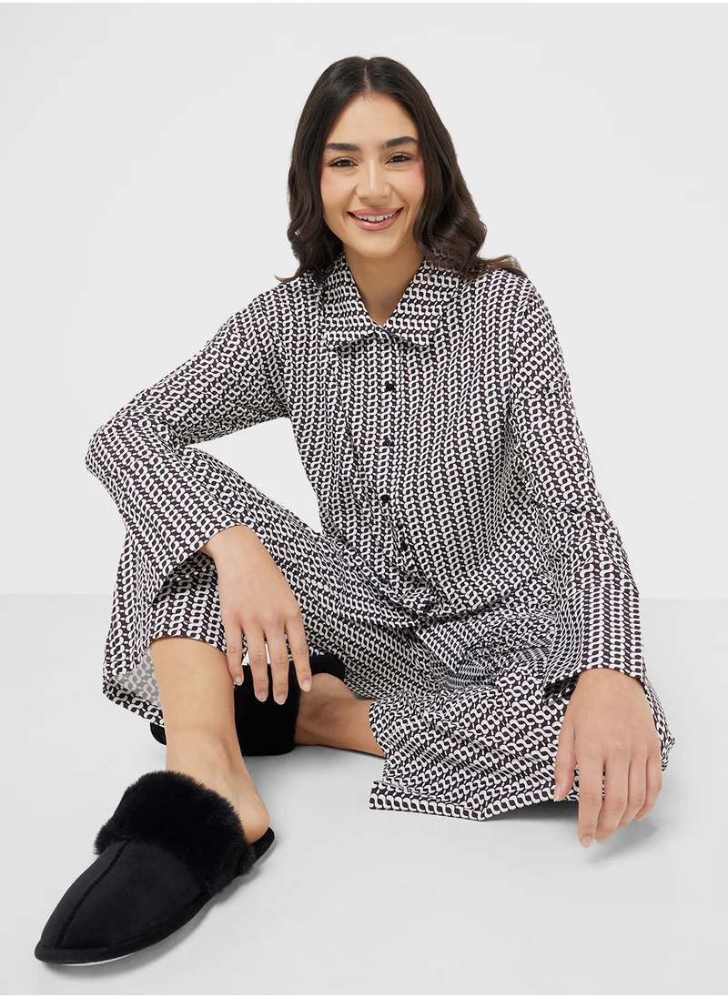 جينجر Textured Oversize Top & Pyjama Set With Frill Detail