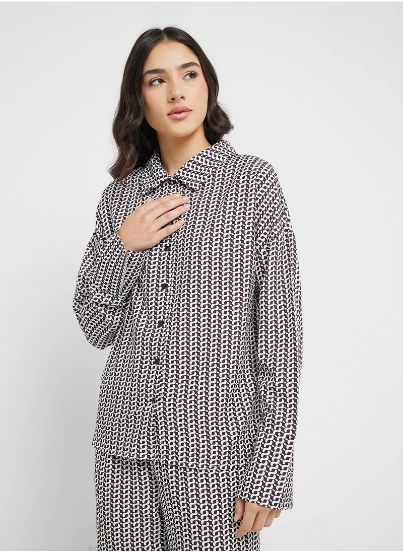 Ginger Textured Oversize Top & Pyjama Set With Frill Detail