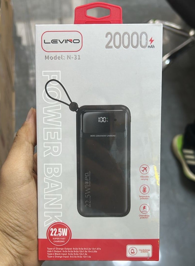 Levino 20000mAh Power Bank – 22.5W Super Fast Charging, Portable USB-C External Battery Pack for Smartphones & Devices