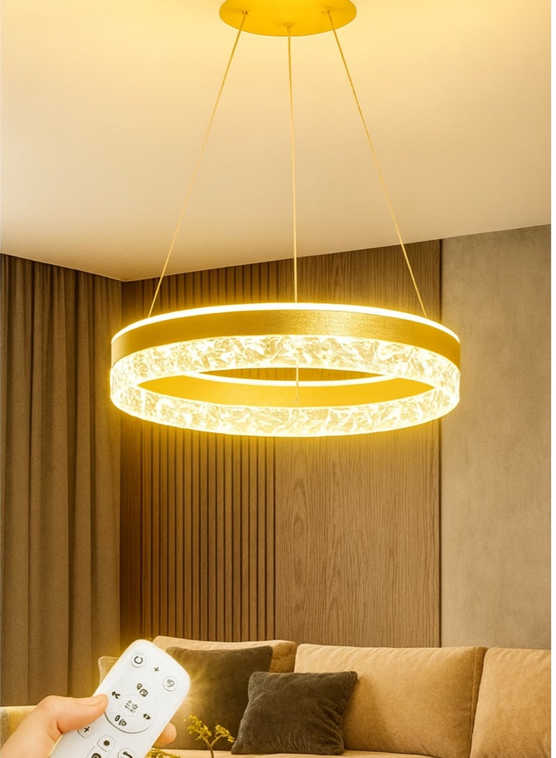 AL THURAYAT Modern and elegant LED chandelier with design. The 50 cm LED chandelier is made of Golden ring with crystal edges that hang from thin wires to give the place magical light, with remote control.(Gold color) - Image 1