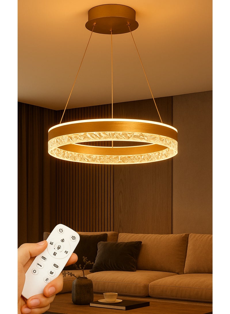 AL THURAYAT Modern and elegant LED chandelier with design. The 50 cm LED chandelier is made of Golden ring with crystal edges that hang from thin wires to give the place magical light, with remote control.(Gold color) - Image 5