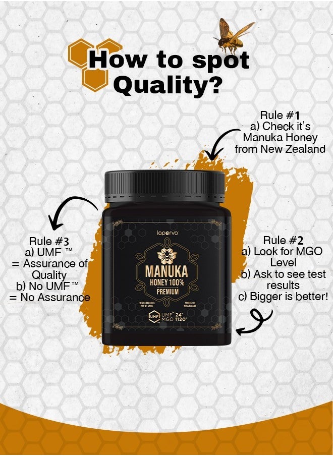Laperva Premium Manuka Honey 1120+ MGO, 24+ UMF - Immune Support, Soothes Sore Throats, Delicious Flavor - 250g Jar  - Image 3