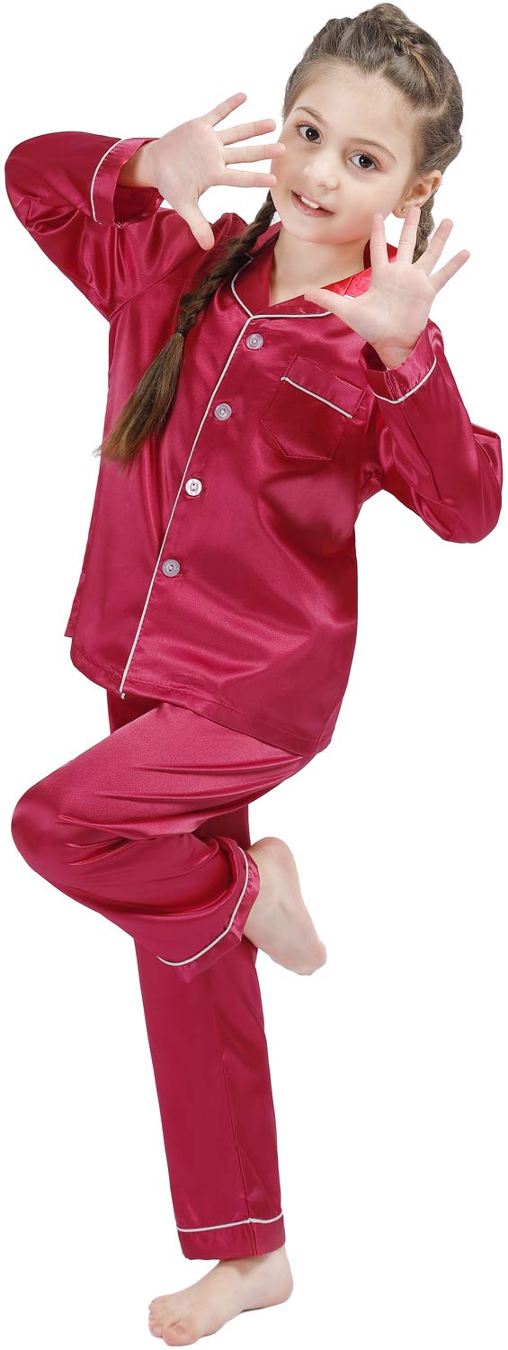 OEIU Children Kid Silky Satin Pajamas Set for Girls Boys pj Set Sleepwear Button-up Lounge Sets Nightwear Wine Red 160 - Image 2