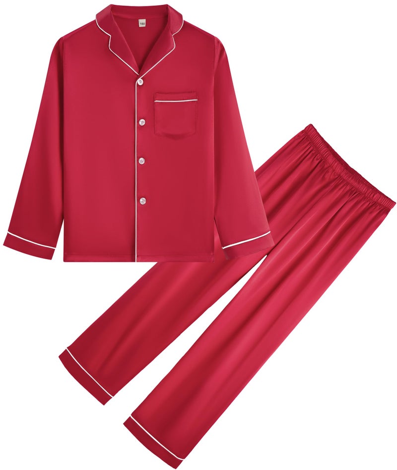 OEIU Children Kid Silky Satin Pajamas Set for Girls Boys pj Set Sleepwear Button-up Lounge Sets Nightwear Wine Red 160 - Image 1
