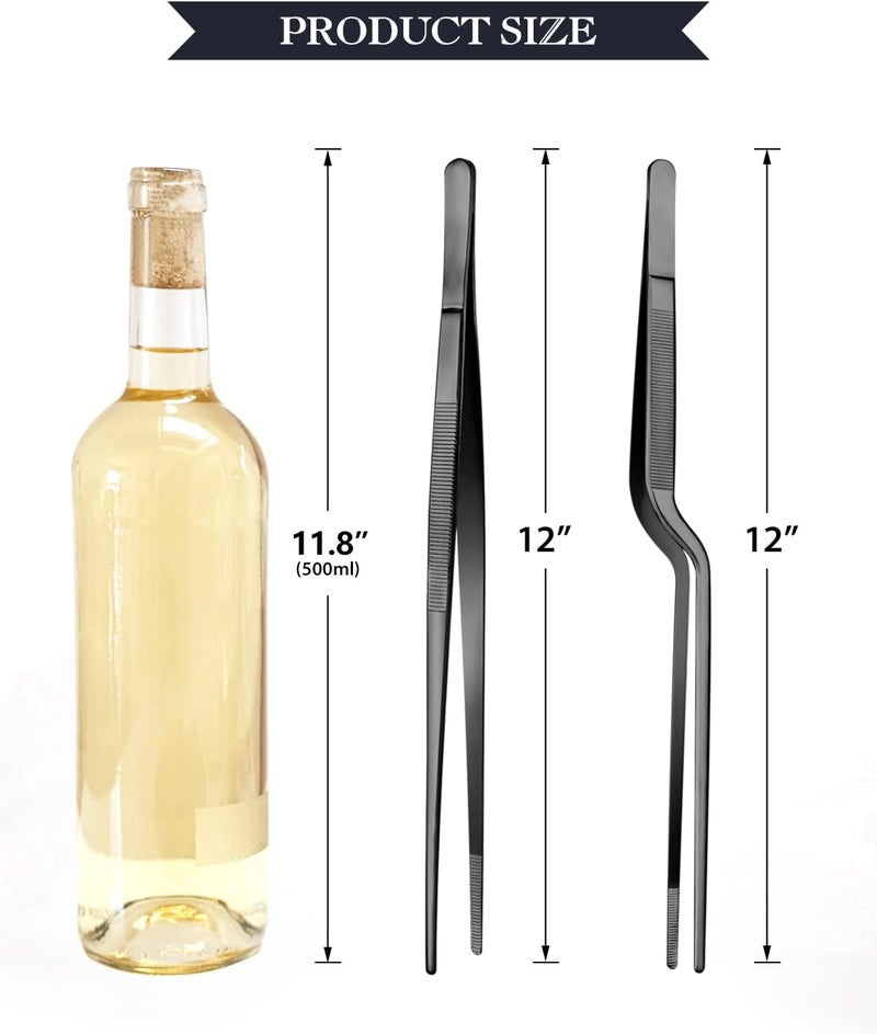 SouxMux 12-inch Cooking Tweezer and Offset Tweezer Set, Tongs with Serrated Tips, Stainless Steel, Black, 2pcs - Image 3