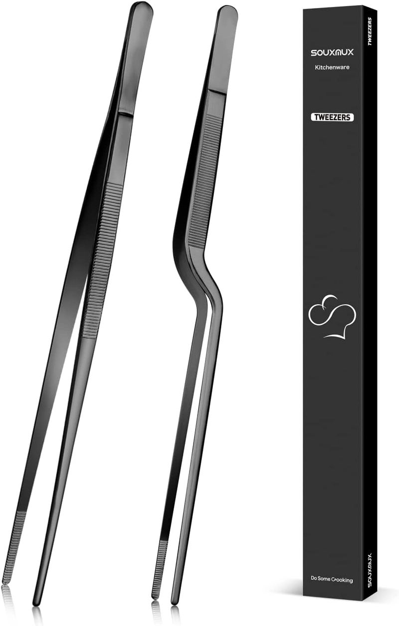 SouxMux 12-inch Cooking Tweezer and Offset Tweezer Set, Tongs with Serrated Tips, Stainless Steel, Black, 2pcs - Image 1
