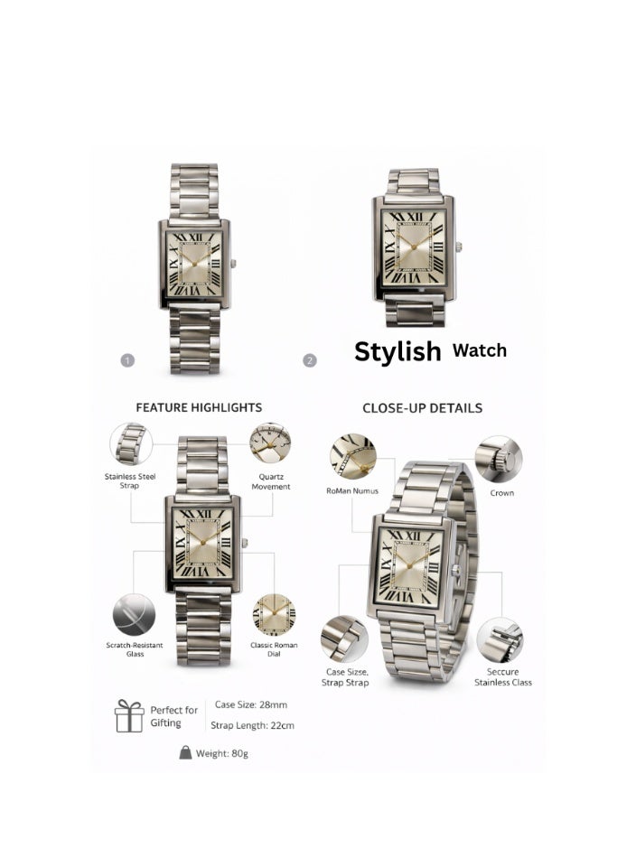 MOSH Luxury Stainless Steel Quartz Watch – Classic Rectangle Roman Dial Wrist Watch for Men & Women with Elegant Metal Strap - Image 5